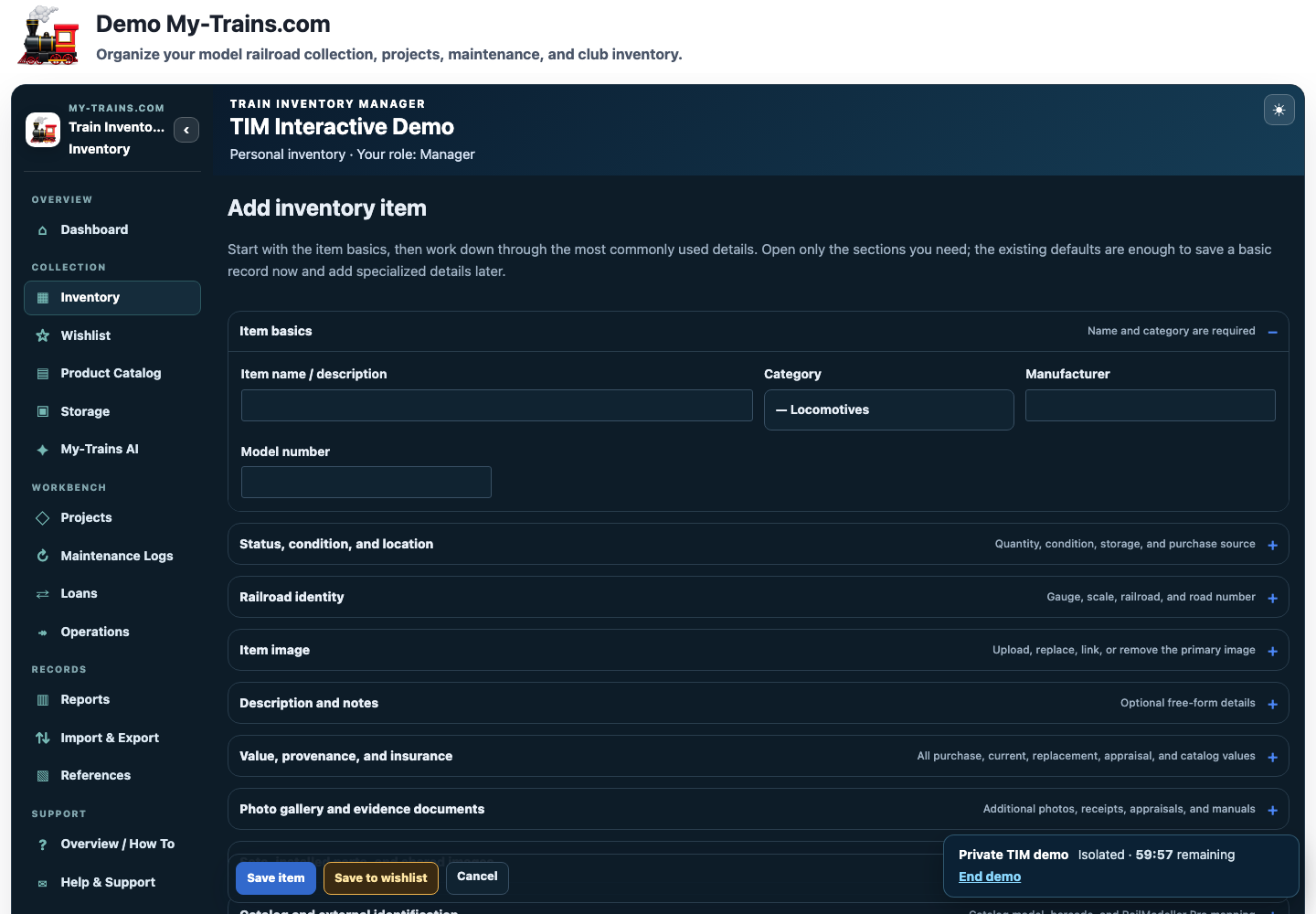 Train Inventory Manager form for adding an inventory item