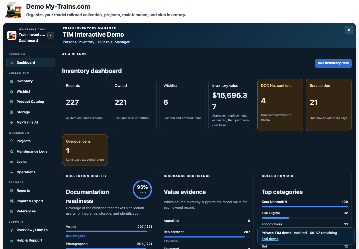 Train Inventory Manager dashboard showing collection metrics, alerts, and navigation