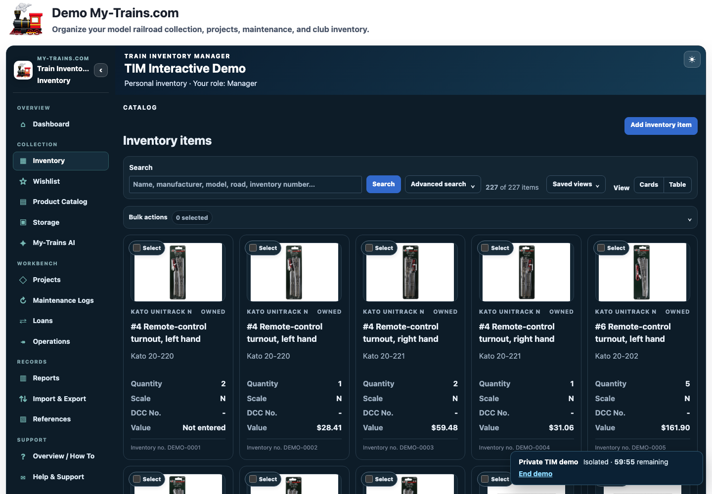 Train Inventory Manager inventory search, filters, and item cards