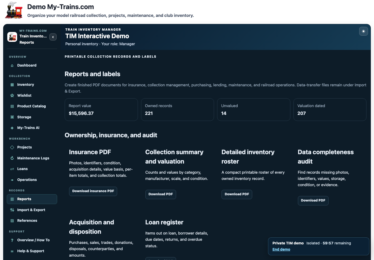 Train Inventory Manager reports and labels workspace